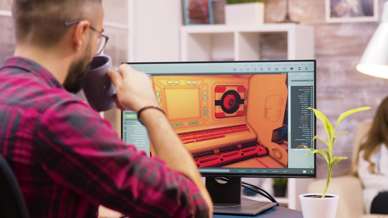 Desenvolvedor de Jogos Trabalhando em Design de Ambiente 3D em Home Office