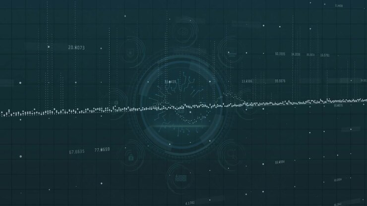 Data dots appearing and forming rising line, circle rising with pulsing spikes showing analytics