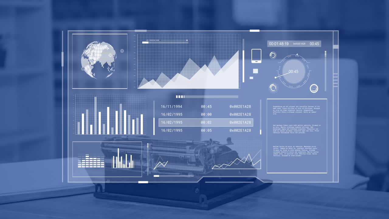 Animation of financial data processing over desk in office