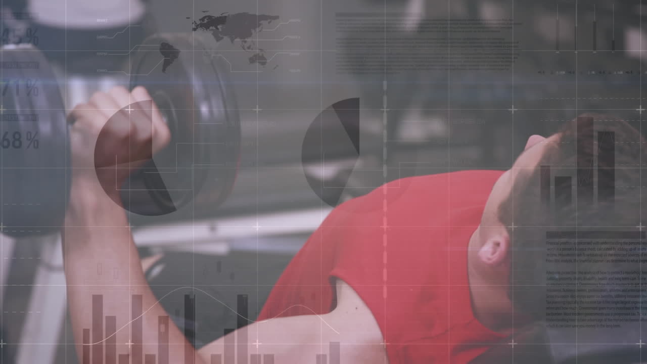 체육관 장비로 운동하는 강한 남자에 대한 데이터 처리 애니메이션