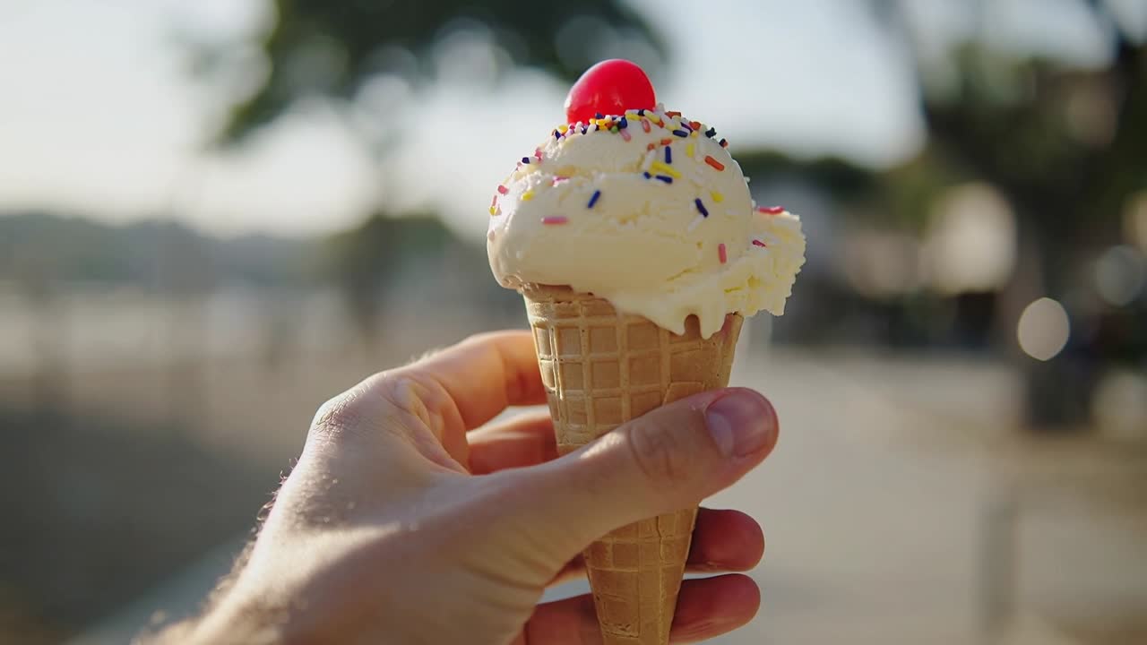 Shifting grip by hand causing ice cream cone tilting on boardwalk, with vanilla scoop and cherry