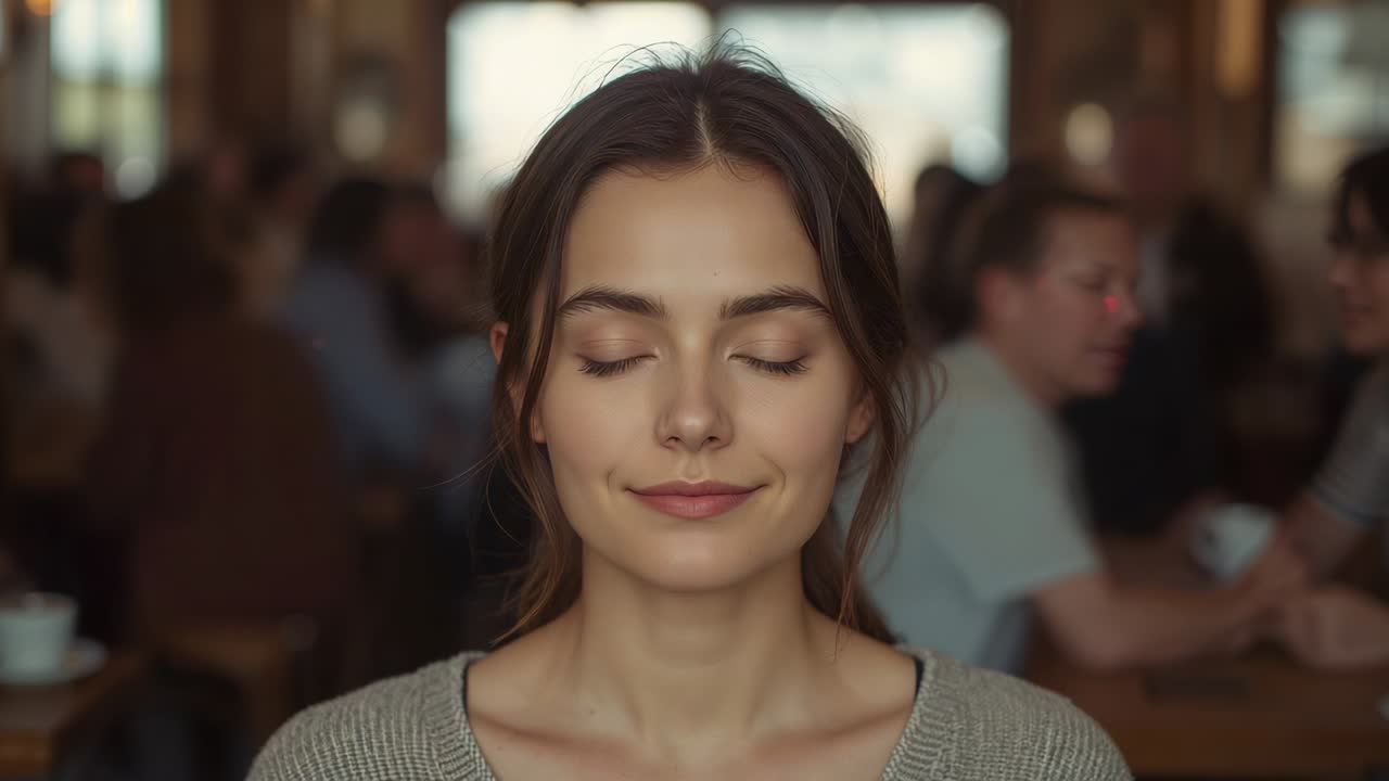 Donna che indossa un maglione grigio di lana che inclina la testa all'indietro dopo un respiro profondo in un bar accogliente, tazza di caffè