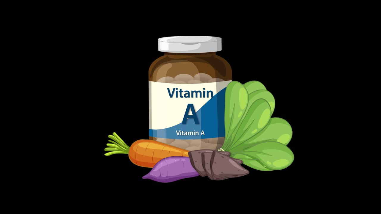 Vitamin A bottle animates with vegetables, smooth transitions, black background, clean digital illustration style