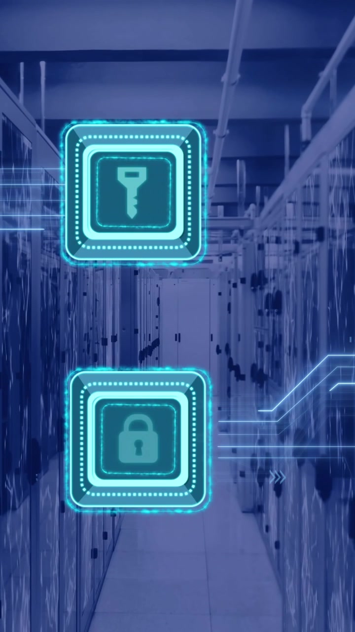 Animation of key and padlock icon and data processing over computer servers