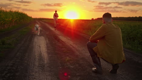 sunset country road with a couple and dog