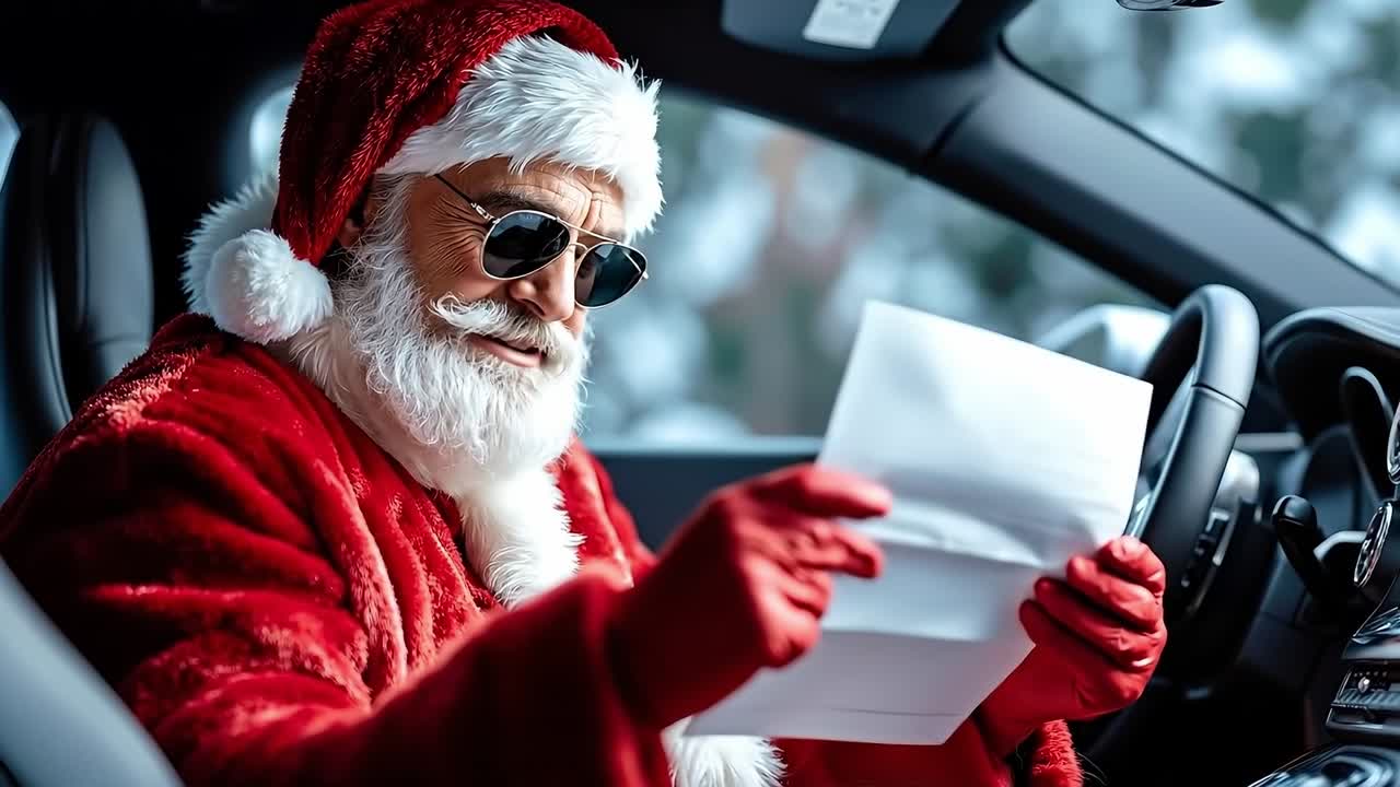 A man dressed as Santa Claus sitting in a car holding a letter