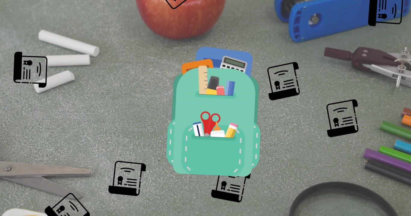 Animation of backpack and school icons falling over grey background