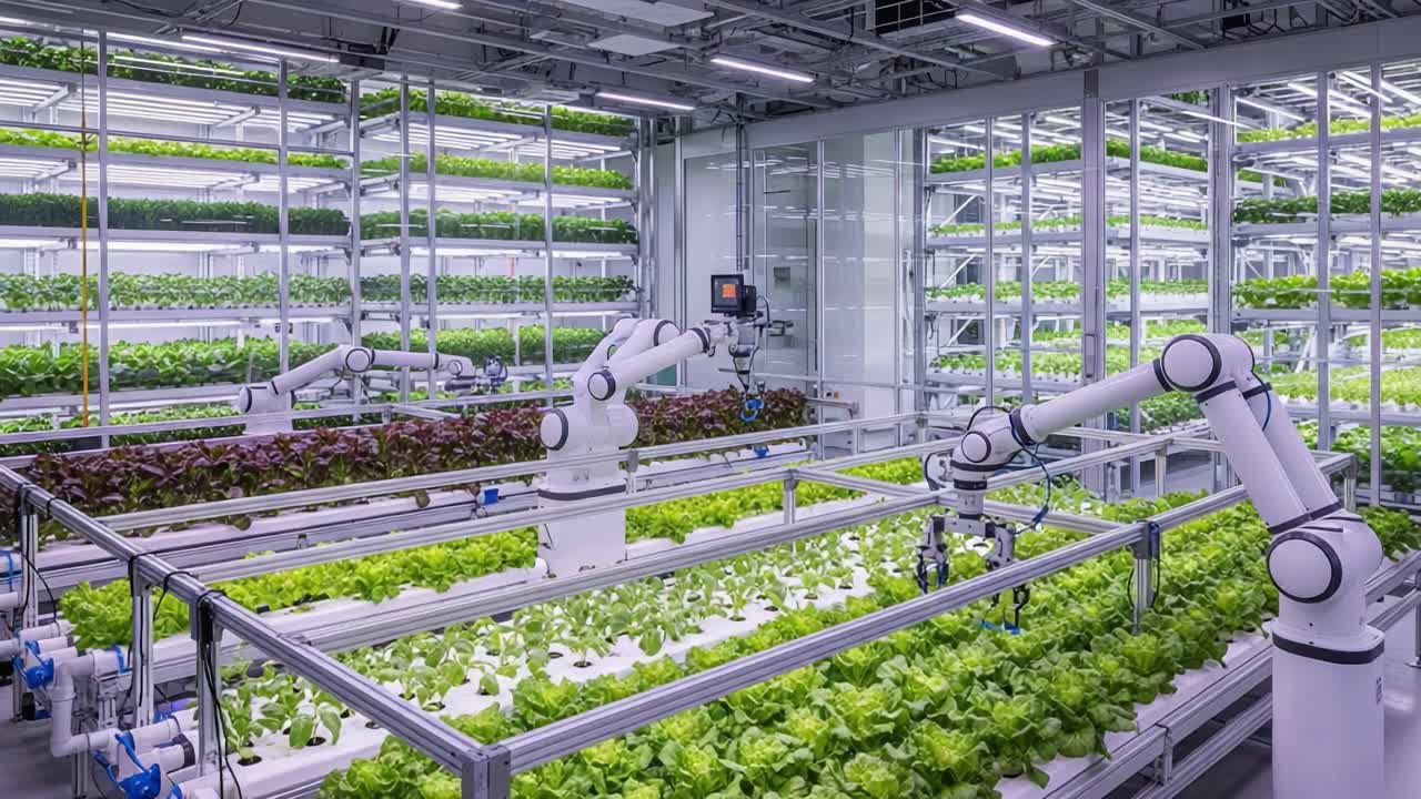 Innovative Hydroponic Farming: Automated Robotics Cultivating Lush Green Leafy Vegetables in a High-Tech Vertical Farm Environment