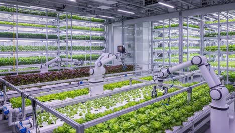 innovative hydroponic farming: automated robotics cultivating lush green leafy vegetables in a high-tech vertical farm environment