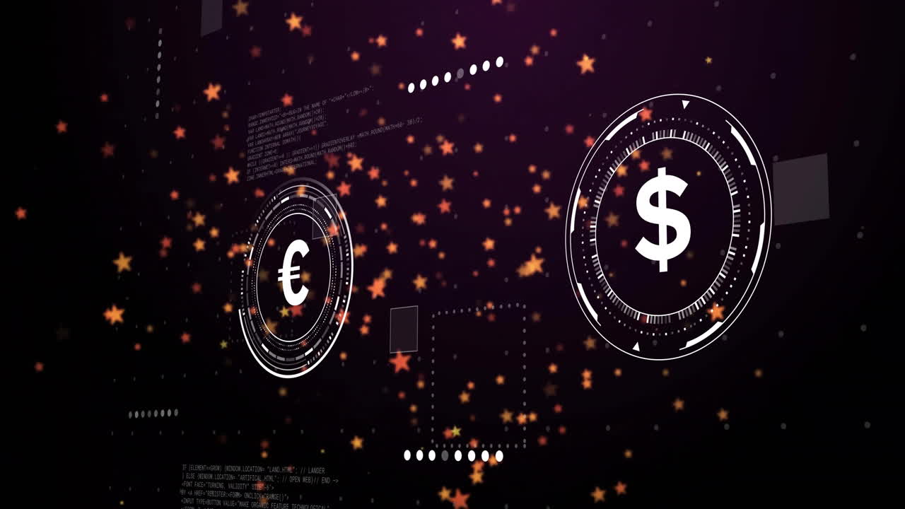 Euro to dollar currency exchange animation with digital stars and data elements