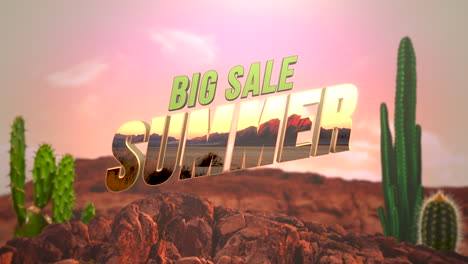 Summer-Big-Sale-in-desert-landscape-with-mountain-and-cacti-in-sunset