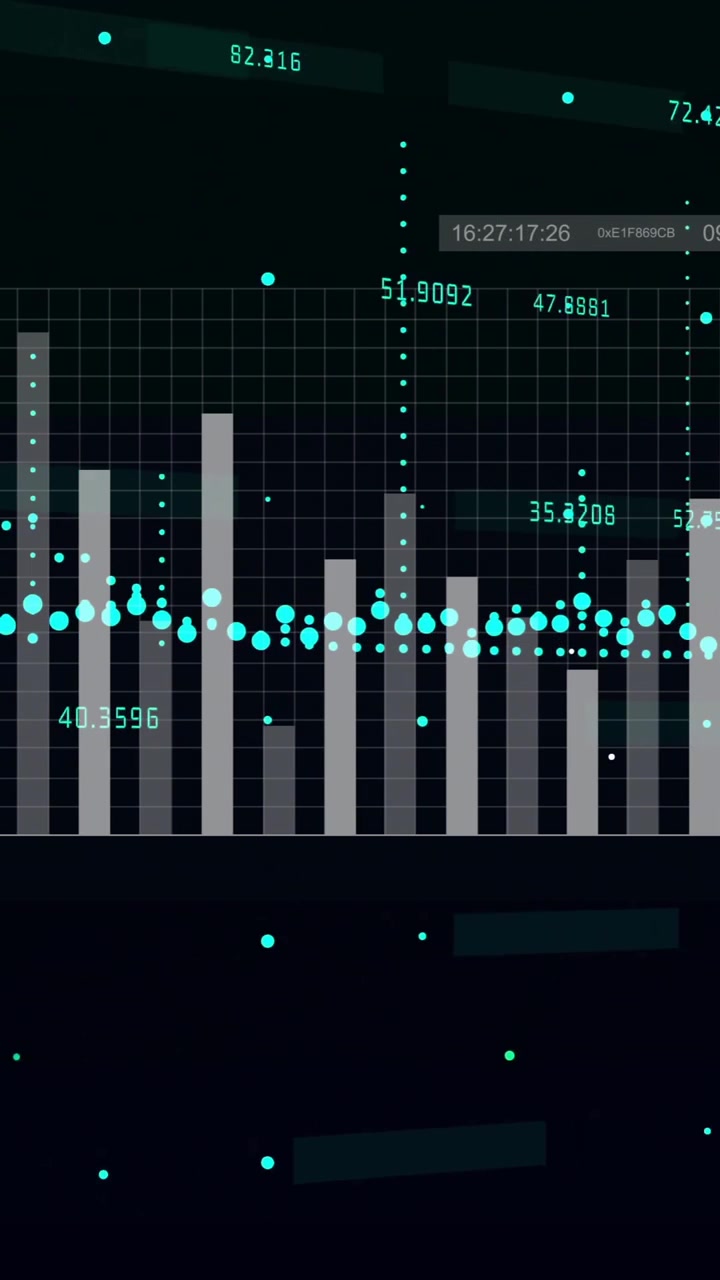 Animation of data processing over diagrams on black background