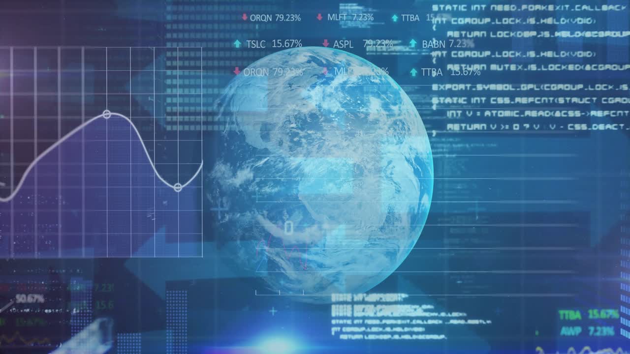 Code sliding in initiating pointer morphing into arrow over rotating 3D globe showing data trends