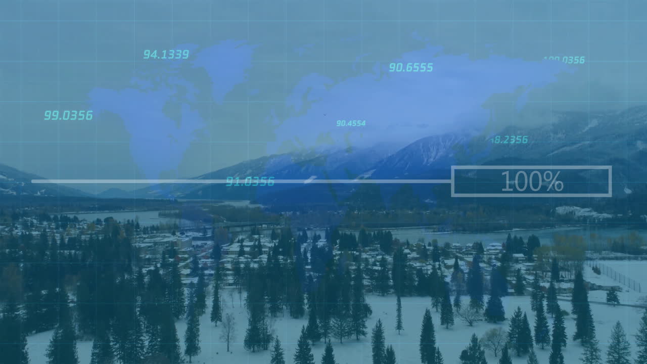 World map and data overlay animation over snowy landscape with trees
