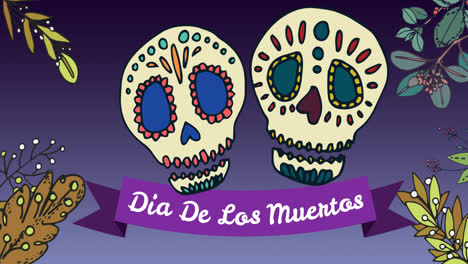 animation of dia de los muertos over decorative skulls on purple background with flowers