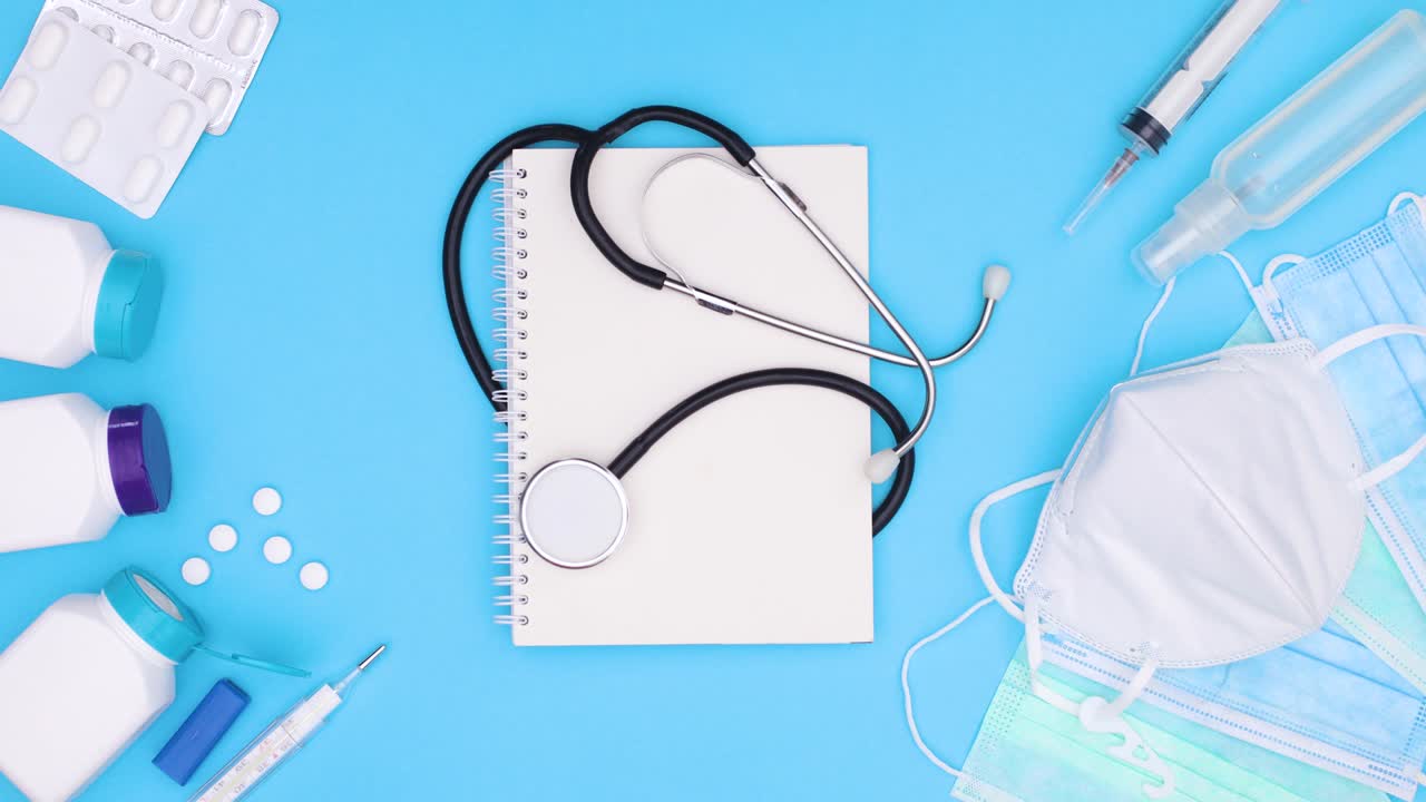 Doctor instruments and prevention for Covid-19 appear on blue theme. Stop motion