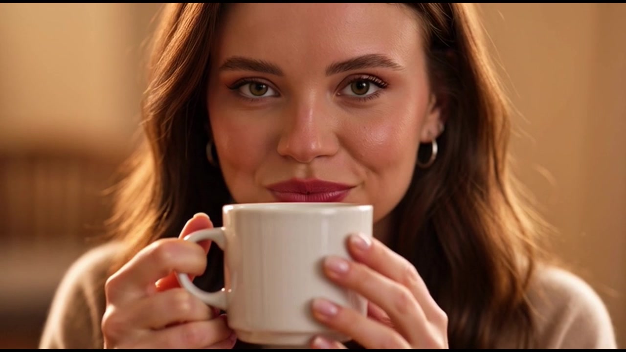 Mujer joven disfrutando de una taza de café caliente en casa