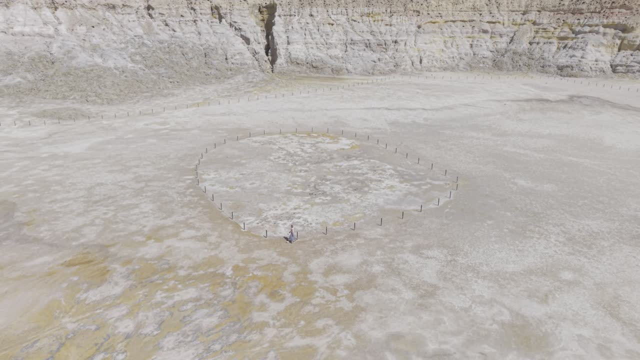 Aerial drone footage of a Woman walking in the crater of an active volcano in Nisyros, Greece. D-Log M profile