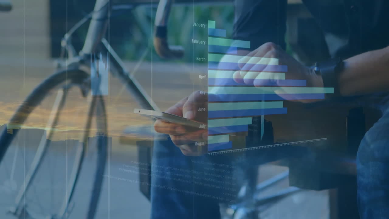 animación de procesamiento de datos y diagramas sobre hombre biracial usando teléfono inteligente
