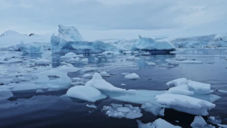 Aerial-drone-shot-of-Antarctica-Icebergs,-Ice-Formations-of-Big-Beautiful-Massive-Icebergs-Floating-in-the-Blue-Southern-Ocean-Sea-Water-on-the-Antarctic-Peninsula-on-a-Zodiac-Boat-Tour-Excursion