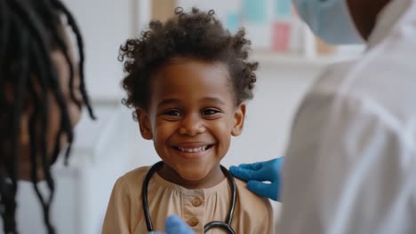 cheerful young patient wearing stethoscope interacting with pediatrician during medical consultation in bright hospital room, showcasing childhood healthcare experience