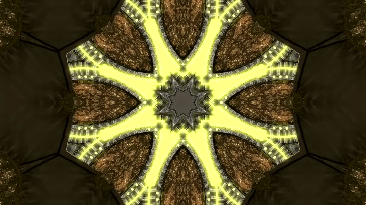fondo decorativo de neón abstractamente adornado con bucles. caleidoscopio o mandala de neón 3d.