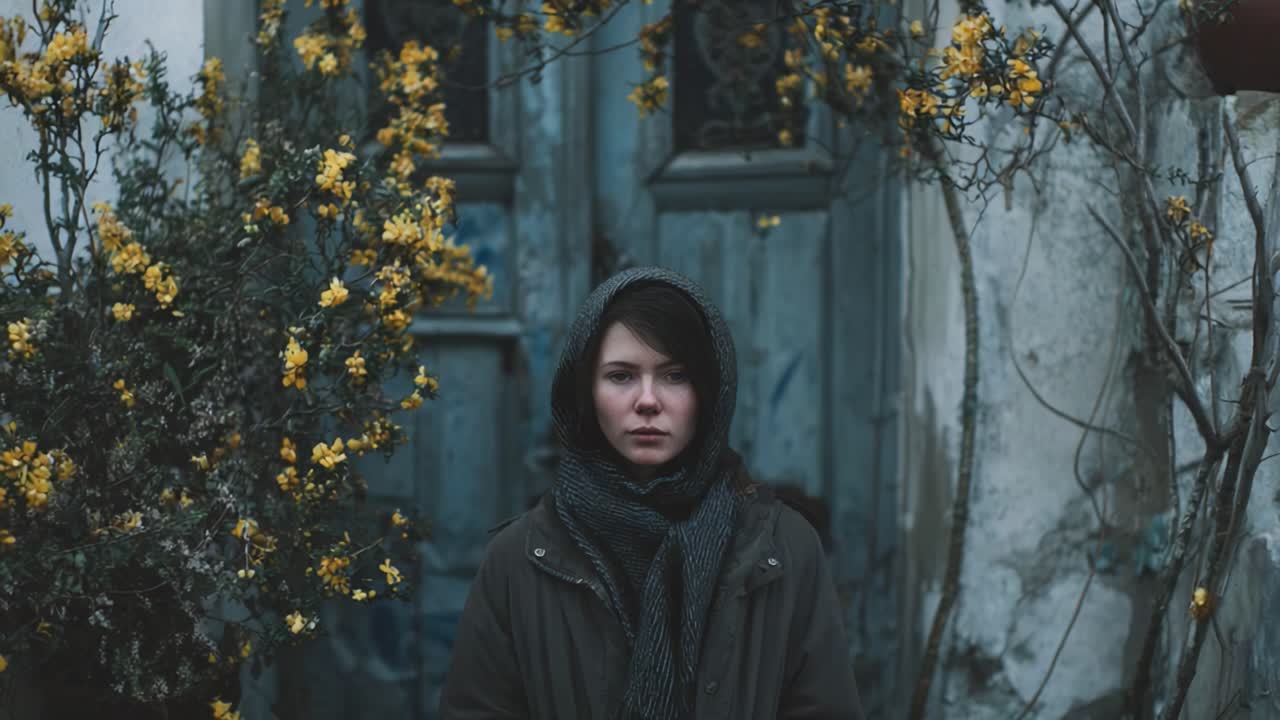 A Quiet Reflection: A Woman Standing in Front of an Abandoned Door Surrounded by Yellow Flowers, Deep in Contemplation Amidst Nature's Embrace