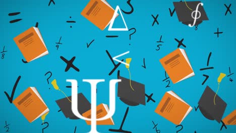 книги и выпускные шляпы падают на математические символы и уравнения на синем фоне