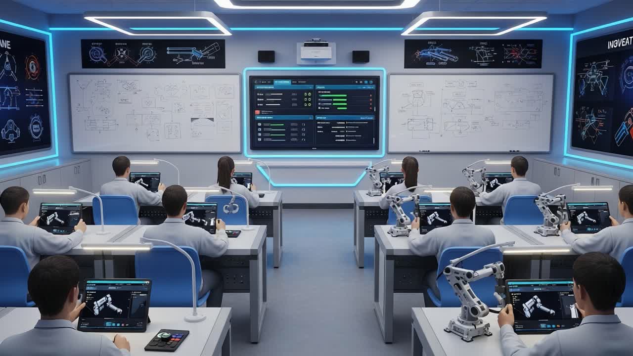 Advanced Robotics Classroom: Students Engage in Innovative Learning with Interactive Technology and Hands-On Experience in a Modern Educational Environment