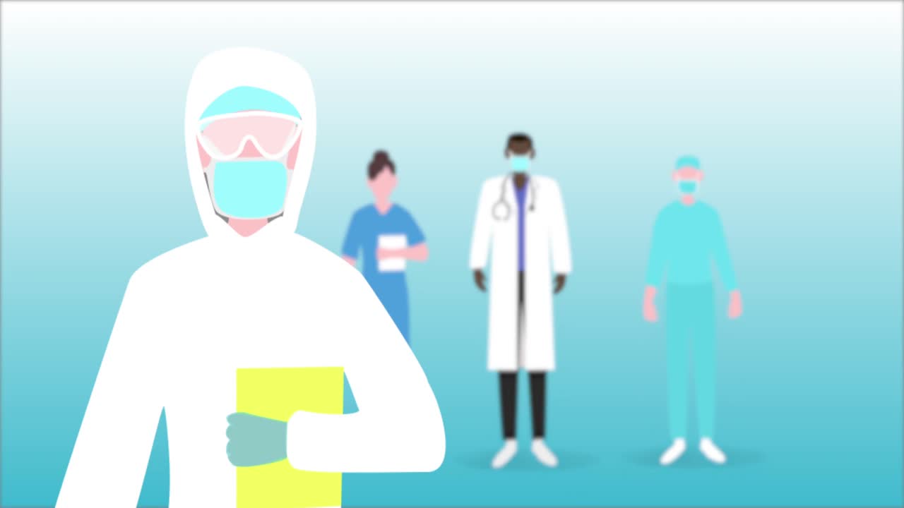 Animation of a scientist standing with medical personnel standing in the back.