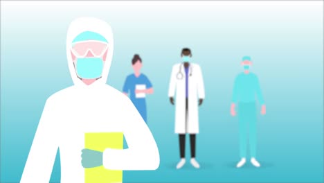 animation of a scientist standing with medical personnel standing in the back.