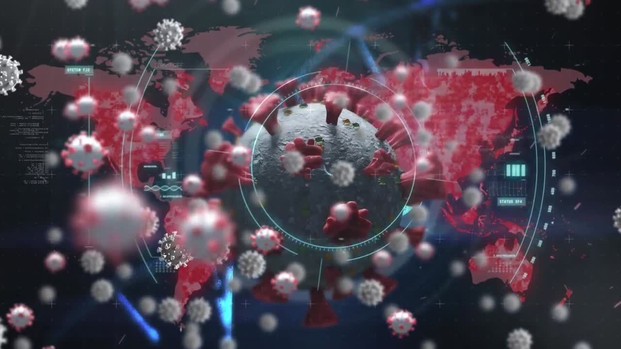 animación de células de virus y visor sobre el mapa del mundo