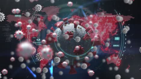 Animation-of-virus-cells-and-viewfinder-over-world-map