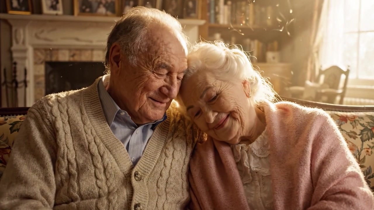 Um Momento Comovente: Um Casal de Idosos Desfruta de Afeto Terno e Conexão em um Sofá Aconchegante, Rodeado por Memórias e Luz Quente.