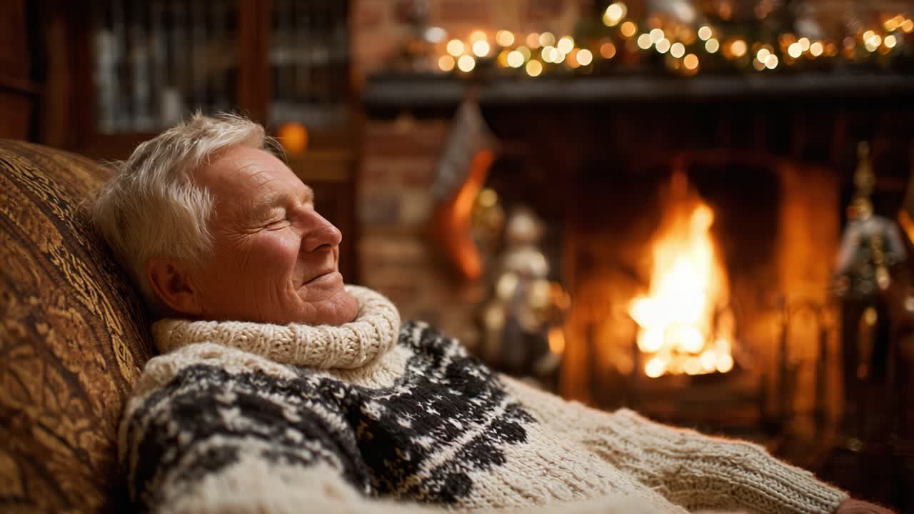 Cozy Moments by the Fireplace: A Serene Elderly Man Enjoys Peaceful Relaxation Amidst Holiday Decorations and Warm Glow