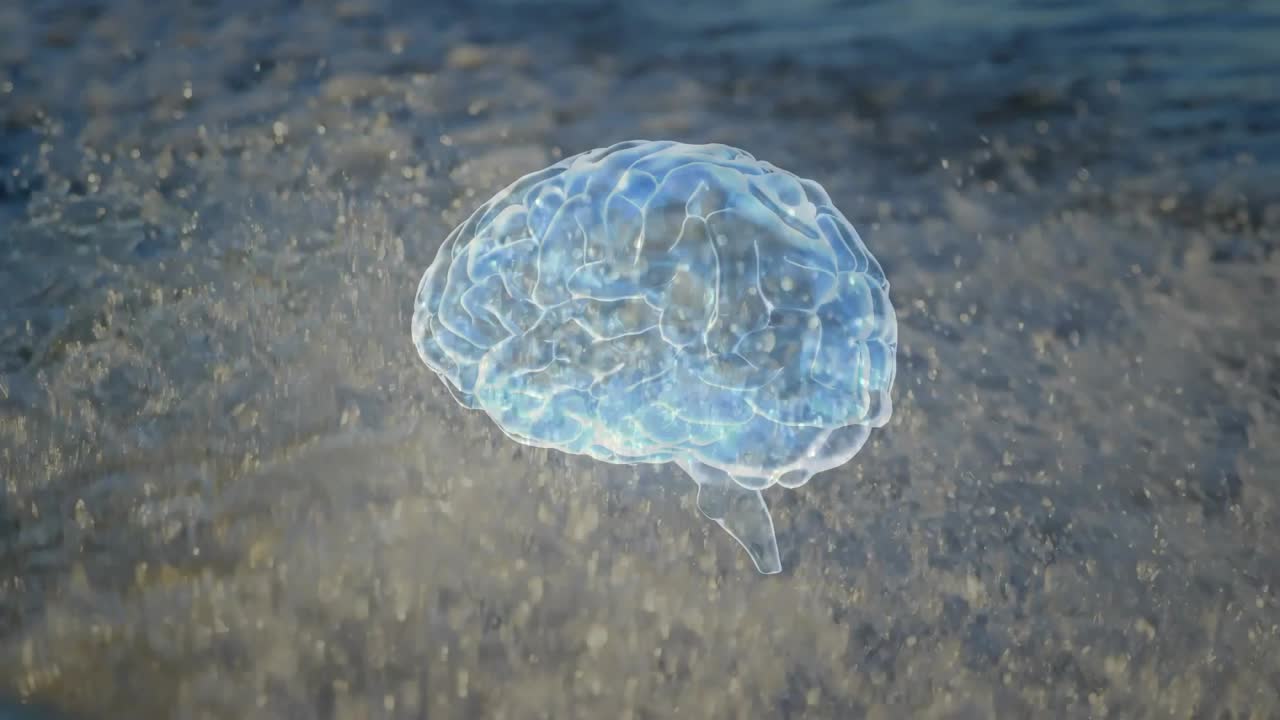 Ologramma di cervello blu luminoso fluttua sopra le onde, che scintillano, ruotano e si muovono per mostrare la sincronizzazione neurale.