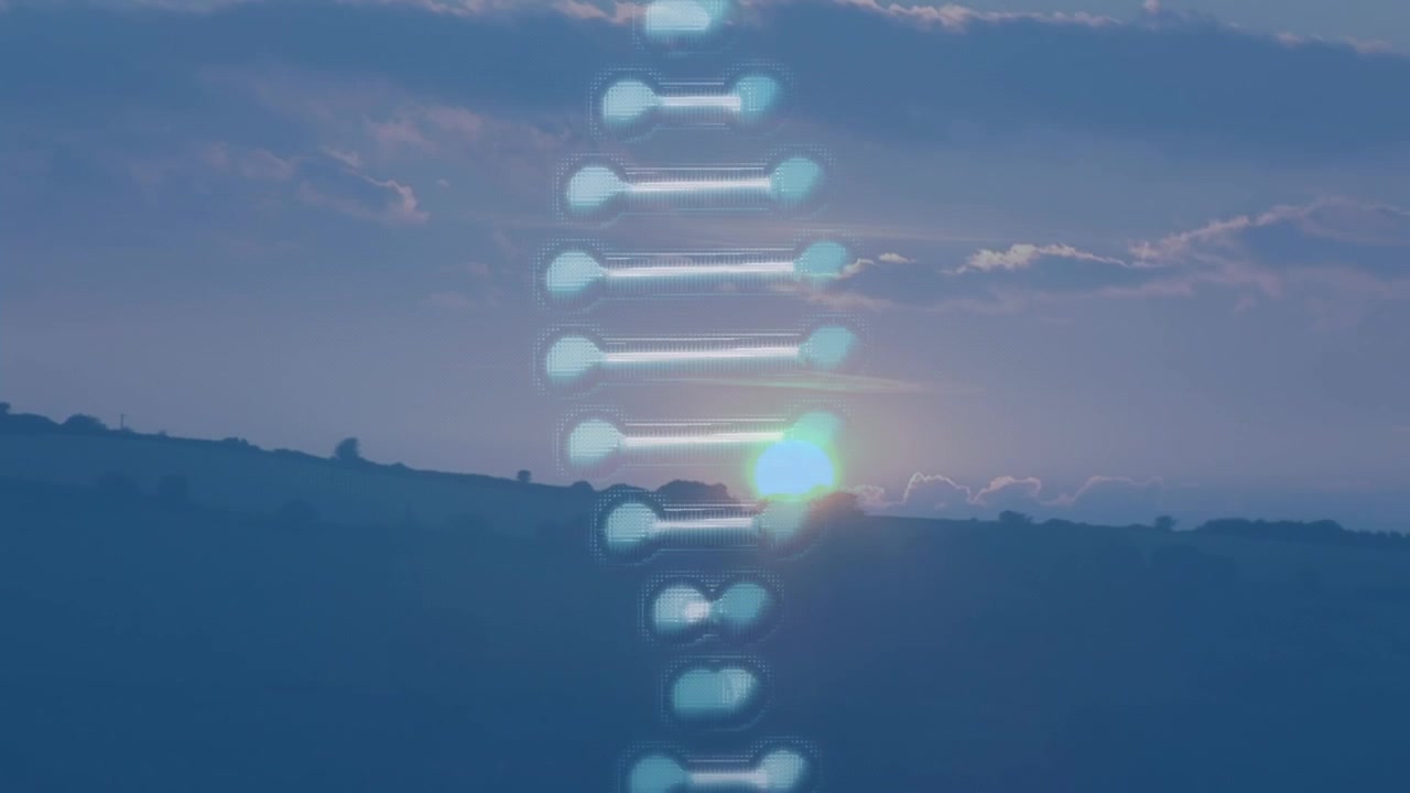 Dna structure spinning against landscape with mountains and sunset sky
