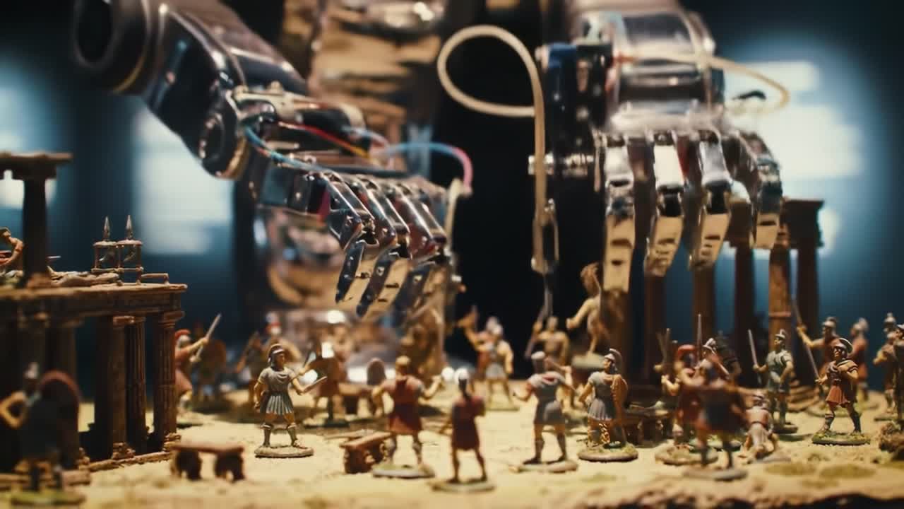 A group of detailed miniatures representing warriors engage in a battle within an ancient environment. A mechanical arm interacts with the scene, adding a unique twist to the action.