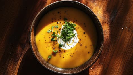 bowl of creamy butternut squash soup with herb garnish