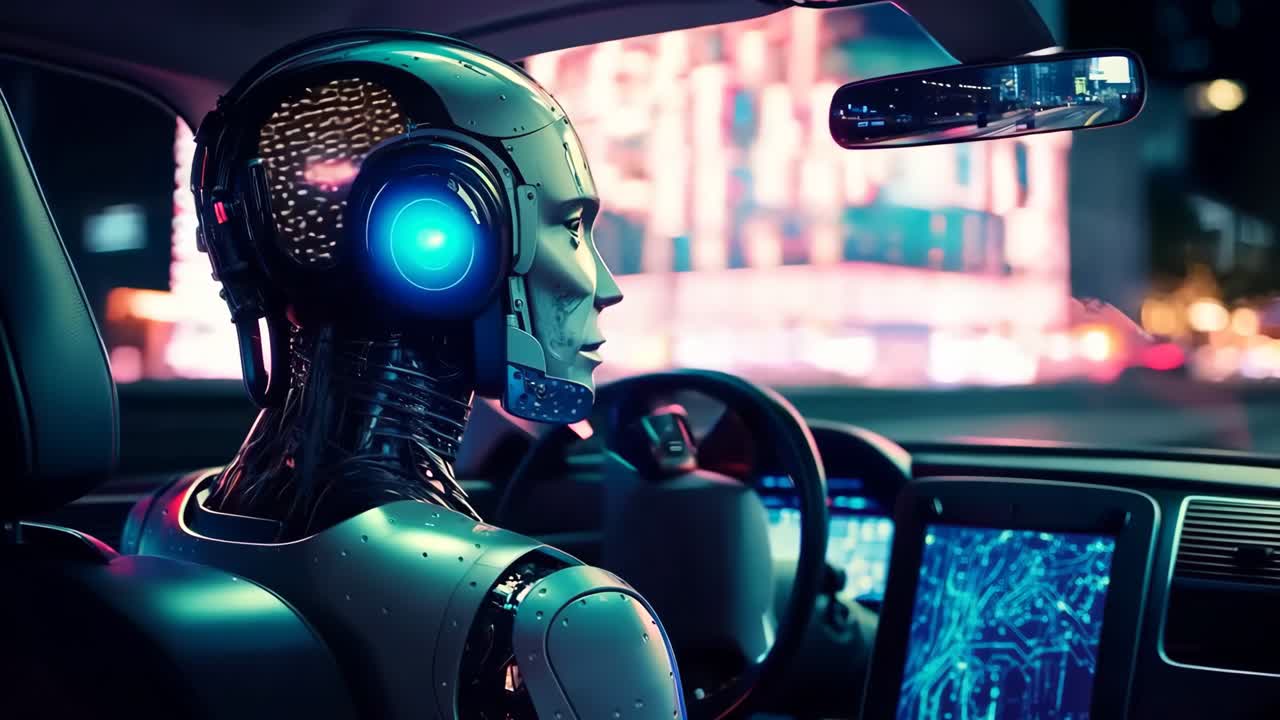 un robot conduciendo un coche por la noche con una ciudad en el fondo