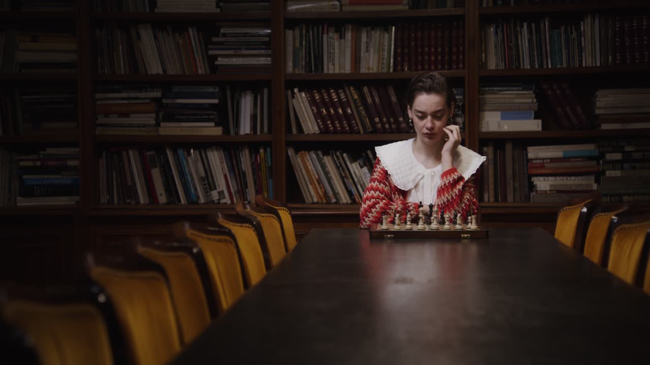 женщина играет в шахматы в библиотеке.
