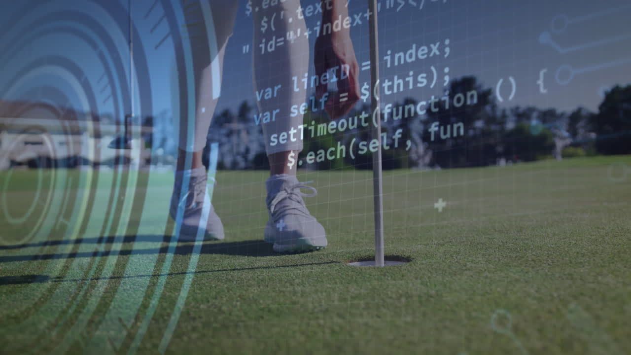 Female golfer standing on putting green, showing sports tech trajectory arc and data chart