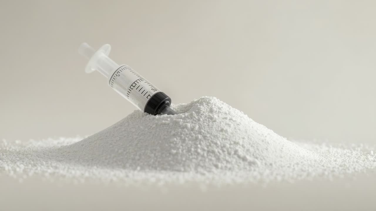 Tilting plastic syringe upward at clip start on studio floor, shifting powder revealing markings