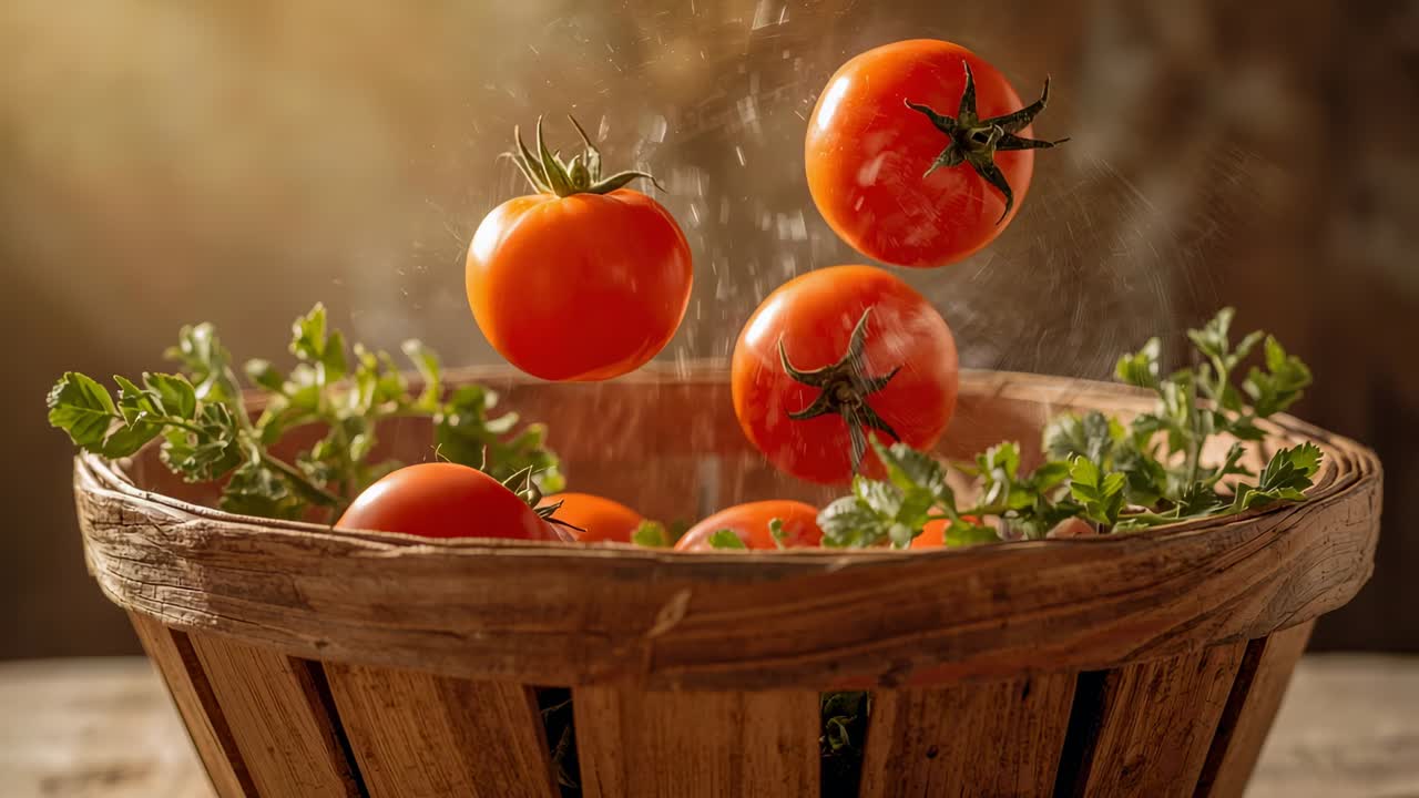 Falling ripe red tomatoes bouncing in kitchen basket on table, settling among fresh green herbs