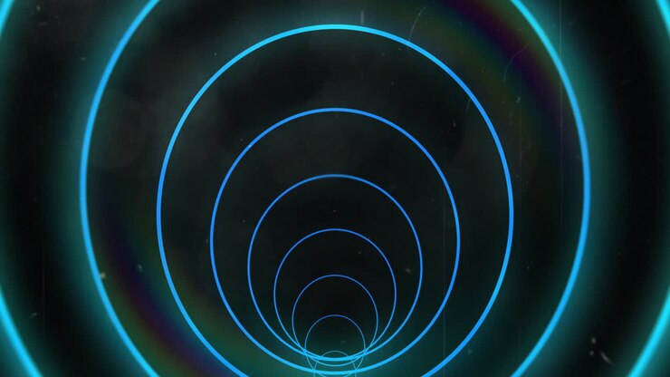 Animation of glowing neon blue abstract tunnel with circles moving on transparent background