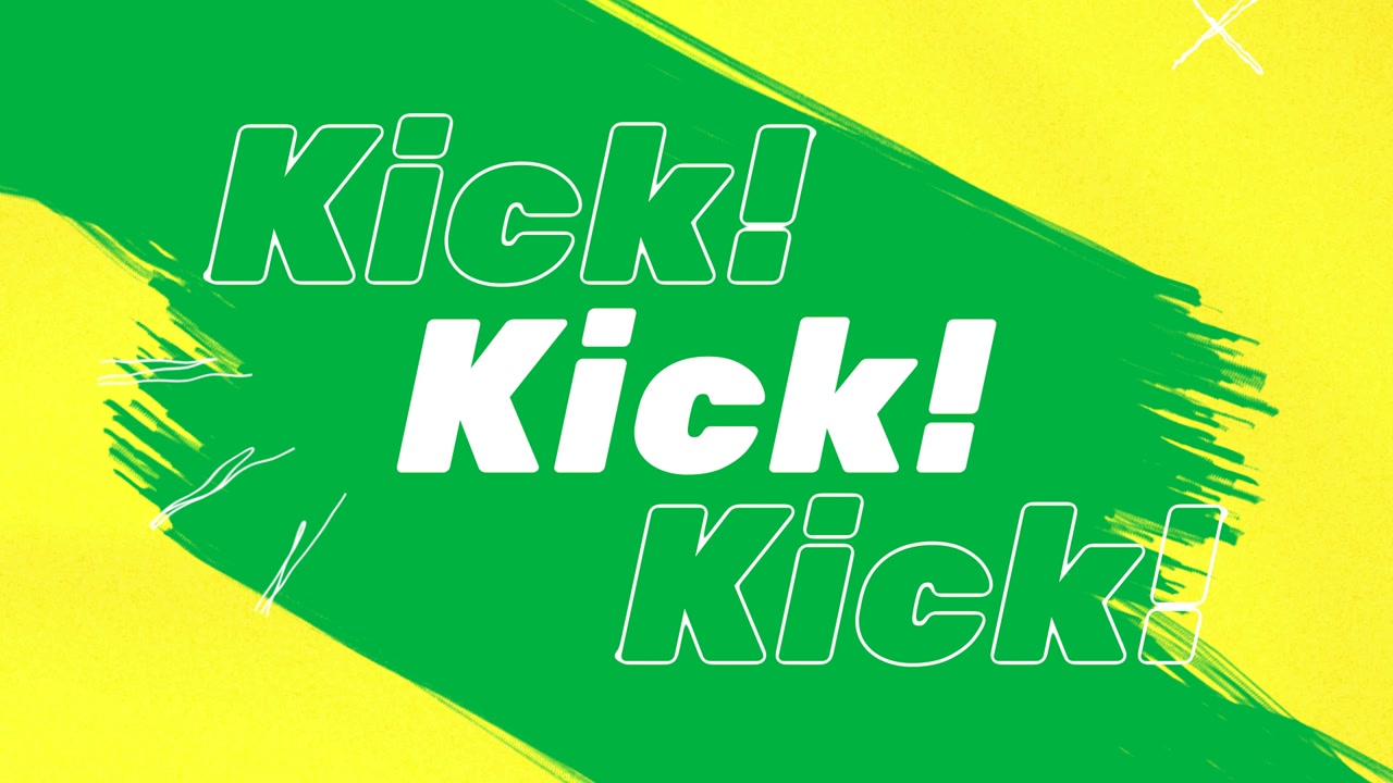 Animazione del testo "kick" ripetuto su sfondo giallo