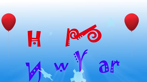 fondo azul para el texto de año nuevo jugando y globos vuelan