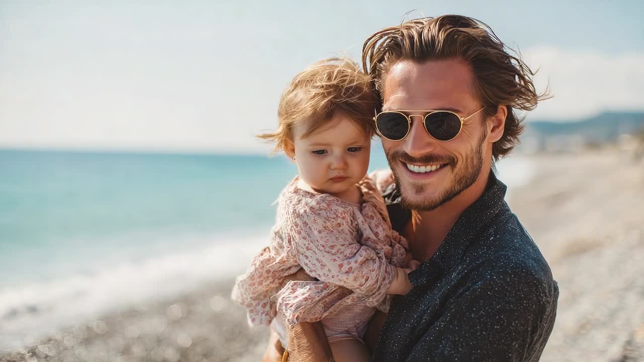 Padre sorridente mentre tiene in braccio un bambino sulla spiaggia vicino all'acqua