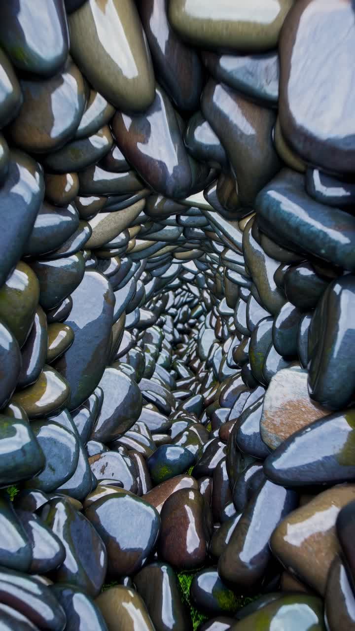 Flowing river stones create a mesmerizing spiral pattern in a natural stone tunnel scene