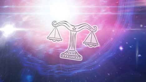 animation of libra star sign over sun shining and stars on night pink to blue sky